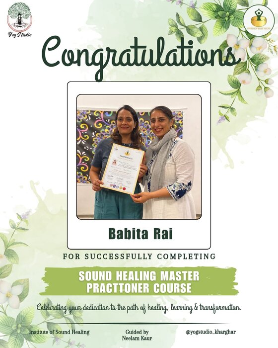 Babita Rai receiving her Sound Healing Master Practitioner certificate from Neelam Kaur